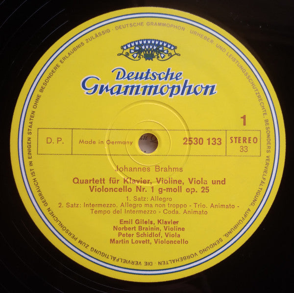 Johannes Brahms, Emil Gilels, Amadeus-Quartett – Klavierquartett G-moll Op. 25 = Piano Quartet in G Minor, Op. 25 LP vinyl record, image 3 of 4
