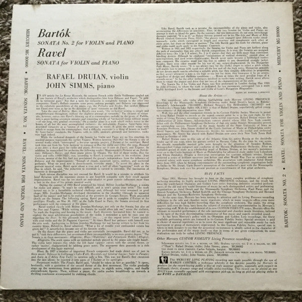 Rafael Druian, John Simms, Béla Bartók, Maurice Ravel – Sonata No. 2 For Violin And Piano / Sonata For Violin And Piano LP vinyl record, image 2 of 4