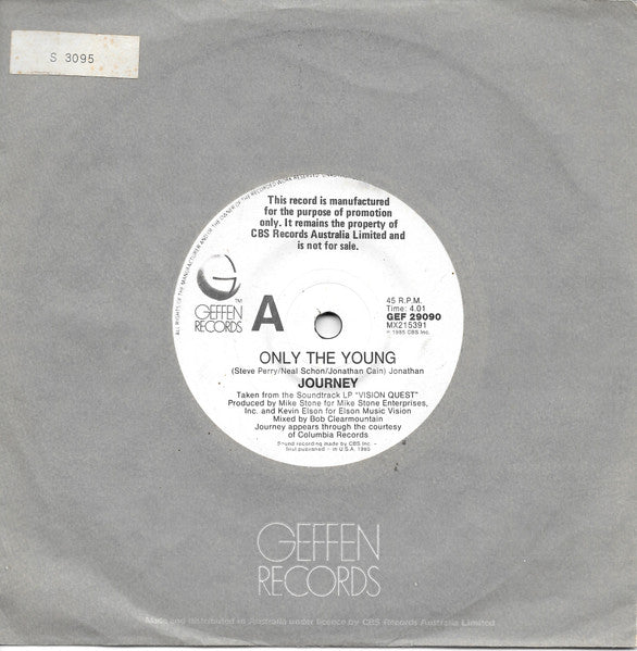 Journey, Sammy Hagar – Only The Young / I'll Fall In Love Again 7" vinyl record, image 3 of 3
