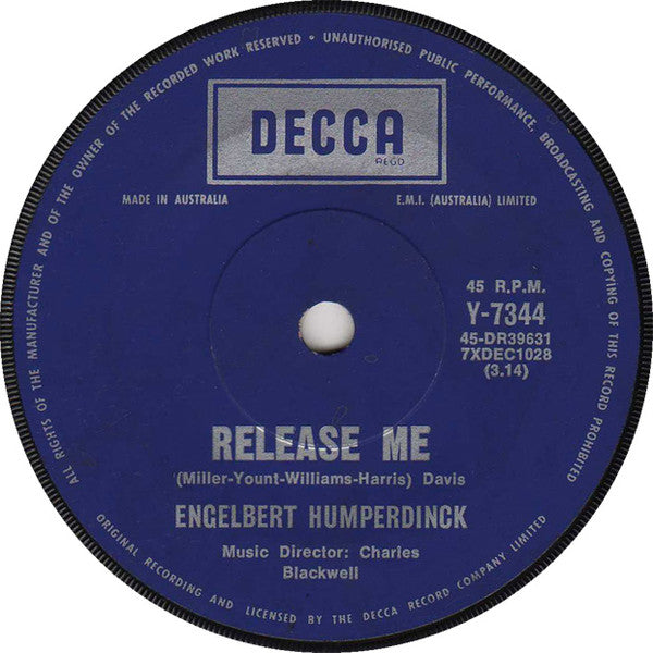Engelbert Humperdinck – Release Me 7" vinyl record, image 1 of 2