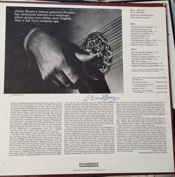 Julian Bream – Dances Of Dowland LP vinyl record, image 2 of 5