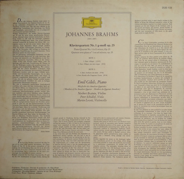 Johannes Brahms, Emil Gilels, Amadeus-Quartett – Klavierquartett G-moll Op. 25 = Piano Quartet in G Minor, Op. 25 LP vinyl record, image 2 of 4