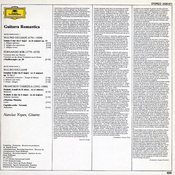 Mauro Giuliani, Fernando Sor, Francisco Tárrega, Narciso Yepes – Guitarra Romantica LP vinyl record, image 2 of 4