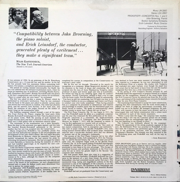 Sergei Prokofiev, John Browning, Boston Symphony Orchestra, Erich Leinsdorf – Piano Concertos Nos. 1 And 2 LP vinyl record, image 2 of 4