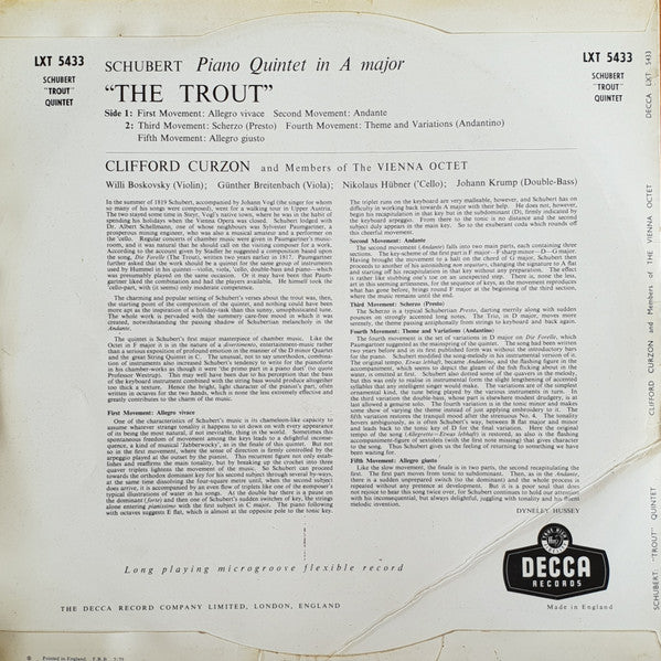 Franz Schubert, Clifford Curzon, Mitglieder Des Wiener Oktetts – The "Trout" Quintet LP vinyl record, image 2 of 4