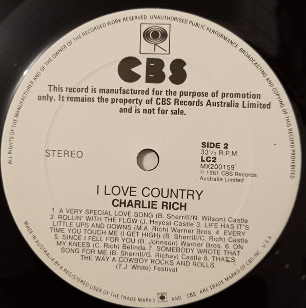 Charlie Rich – I Love Country LP vinyl record, image 4 of 4