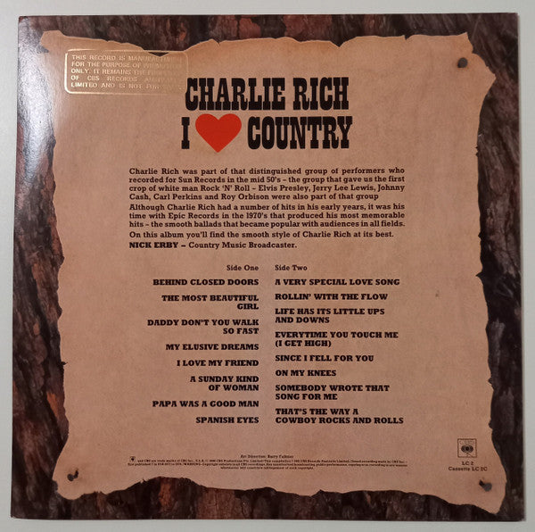 Charlie Rich – I Love Country LP vinyl record, image 2 of 4
