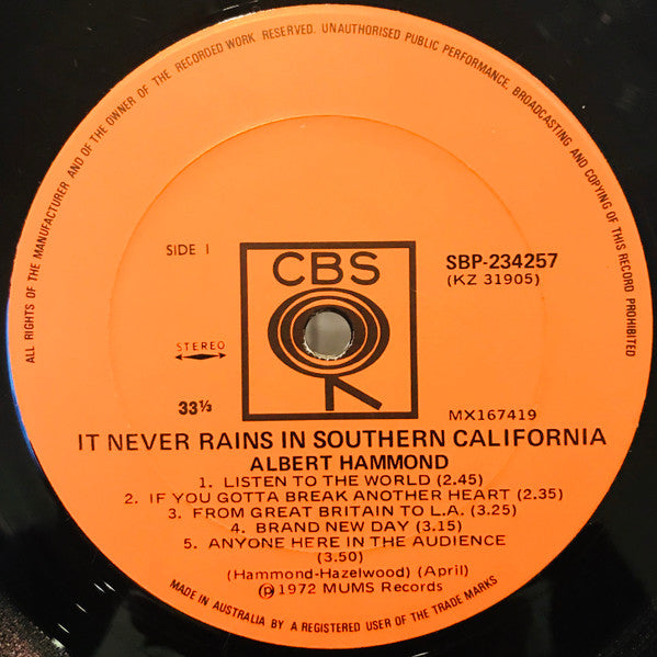 Albert Hammond – It Never Rains In Southern California LP vinyl record, image 3 of 4