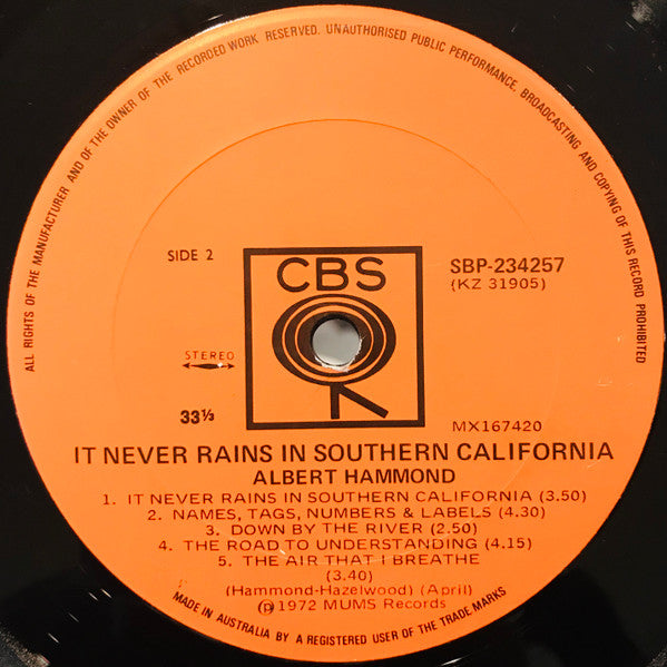 Albert Hammond – It Never Rains In Southern California LP vinyl record, image 4 of 4