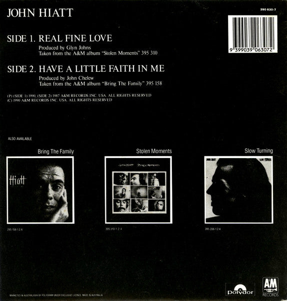 John Hiatt – Real Fine Love 7" vinyl record, image 2 of 2