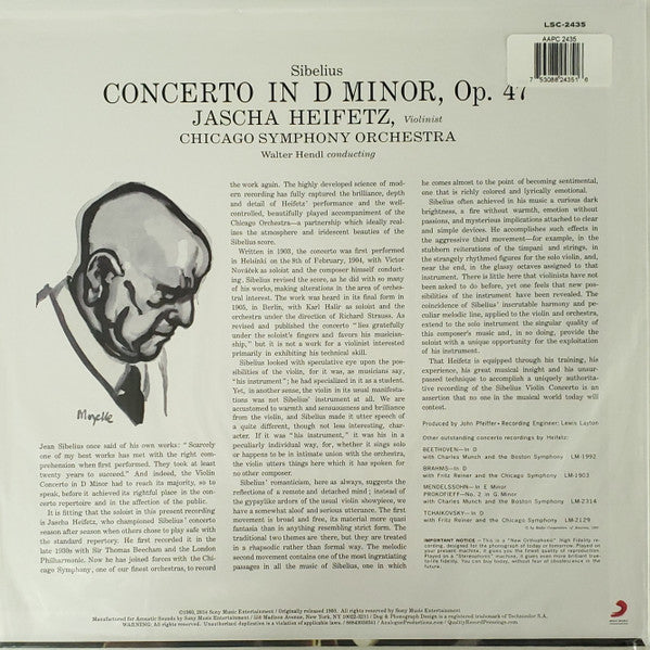 Jean Sibelius, Jascha Heifetz, Walter Hendl, Chicago Symphony Orchestra – Violin Concerto In D Minor, Op. 47 LP vinyl record, image 2 of 4
