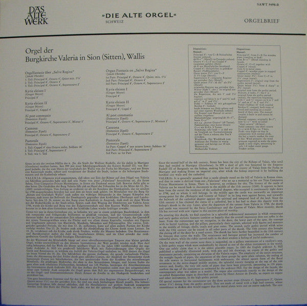 Jacob Obrecht, Domenico Zipoli, Louis-Nicolas Clérambault, Louis-Claude Daquin, Siegfried Hildenbrand – Historische Orgeln Der Burgkirche Valeria In Sion • Pfarrkirche In Vouvry = The Historic Swiss Organs Of Sion And Vouvry LP vinyl record, image 3 of 6