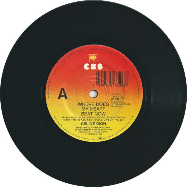 Céline Dion – Where Does My Heart Beat Now 7" vinyl record, image 3 of 4