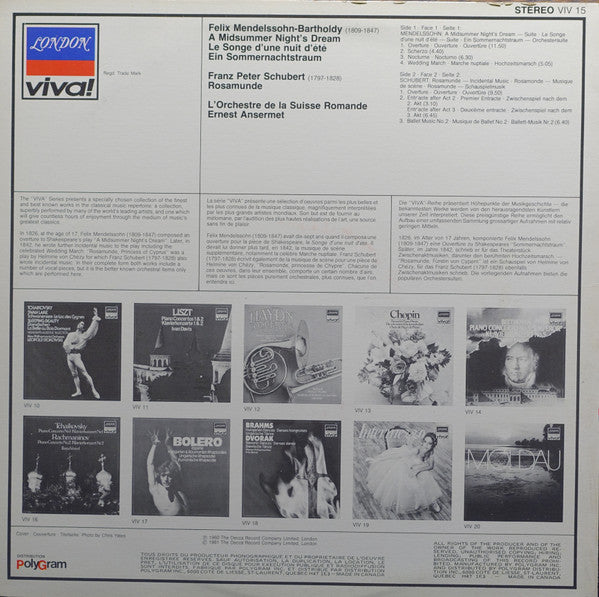 Felix Mendelssohn-Bartholdy, Franz Schubert, Ernest Ansermet, L'Orchestre De La Suisse Romande – A Midsummer Night's Dream / Rosamunde LP vinyl record, image 2 of 4