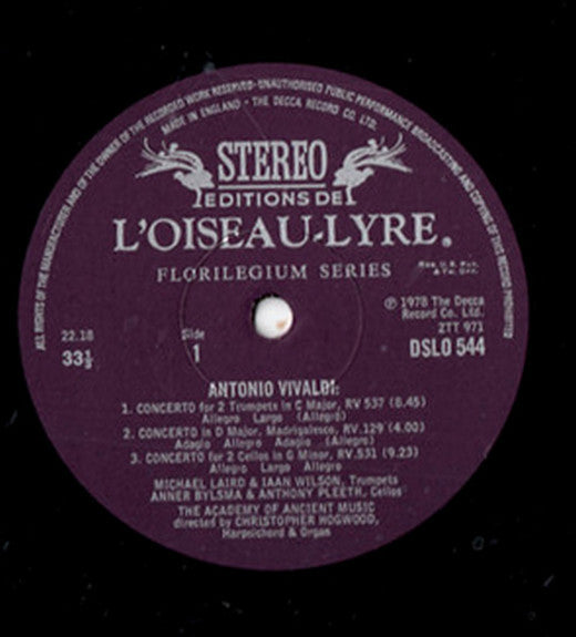 Antonio Vivaldi, Christopher Hogwood, The Academy Of Ancient Music – Concertos: Two Trumpets, Madrigalesco, Two Cellos, Two Flutes, Alla Rustica, Two Violins & Two Cellos LP vinyl record, image 3 of 4