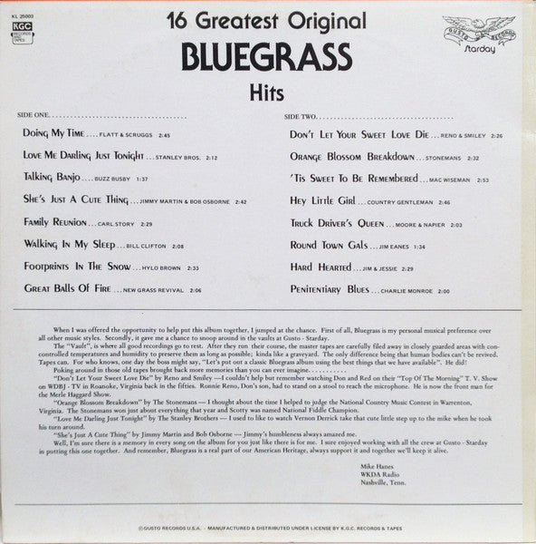 Various – 16 Greatest Original Bluegrass Hits LP vinyl record, image 2 of 4
