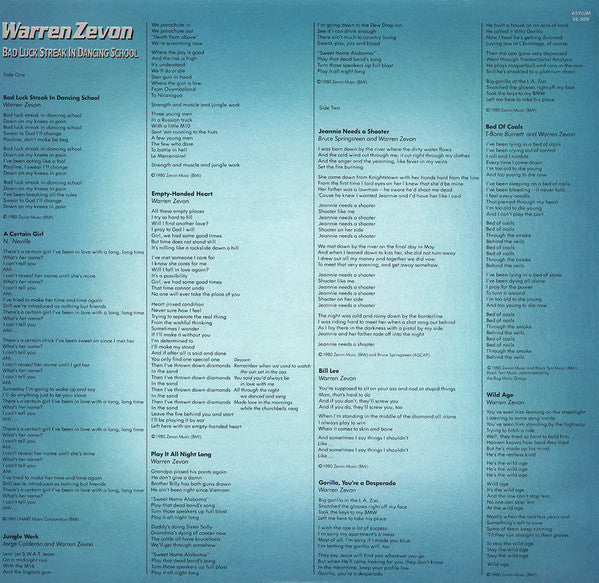 Warren Zevon – Bad Luck Streak In Dancing School LP vinyl record, image 6 of 6