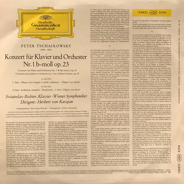 Pyotr Ilyich Tchaikovsky, Sviatoslav Richter, Herbert von Karajan, Wiener Symphoniker – Konzert Für Klavier Und Orchester Nr. 1 B-moll LP vinyl record, image 2 of 3