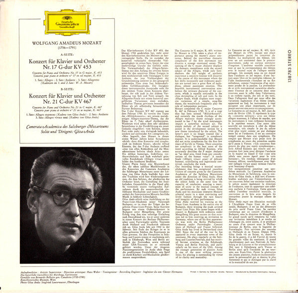 Wolfgang Amadeus Mozart, Géza Anda, Camerata Academica Salzburg – Piano Concertos No. 17 In G Major, K. 453 - No. 21 In C Major, K. 467 LP vinyl record, image 2 of 4