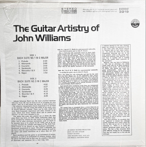 John Williams, Johann Sebastian Bach, Johann Sebastian Bach – The Guitar Artistry Of John Williams: Bach Suites No. 1 In G Major · Suite No. 3 In C Major LP vinyl record, image 2 of 4