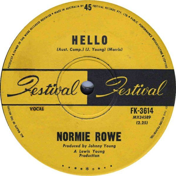 Normie Rowe – Hello 7" vinyl record, image 1 of 2