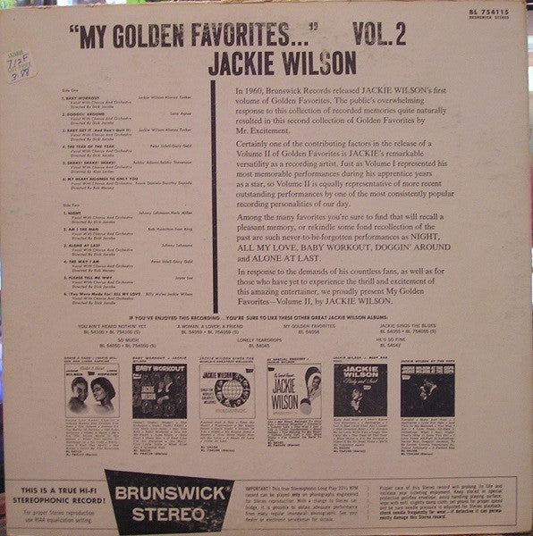 Jackie Wilson – My Golden Favorites - Vol. 2 LP vinyl record, image 2 of 4