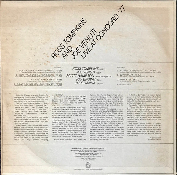 Ross Tompkins, Joe Venuti, Ray Brown, Scott Hamilton, Jake Hanna – Live At Concord '77 LP vinyl record, image 2 of 4