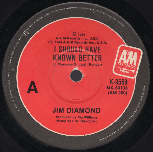 Jim Diamond – I Should Have Known Better 7" vinyl record, image 1 of 2