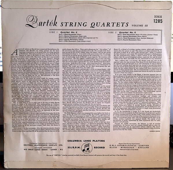 Béla Bartók, Quatuor Végh – String Quartets Nos 5 & 6- Volume Three LP vinyl record, image 2 of 4