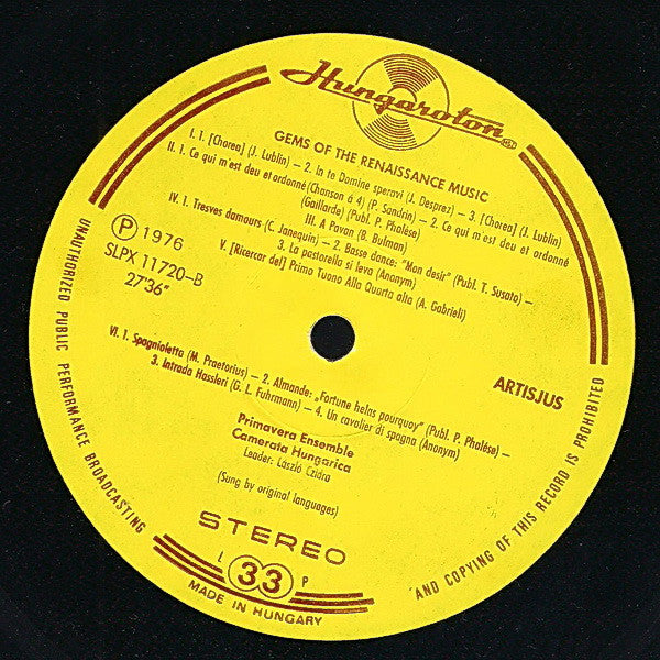 Camerata Hungarica, László Czidra – Gems Of The Renaissance Music LP vinyl record, image 4 of 4