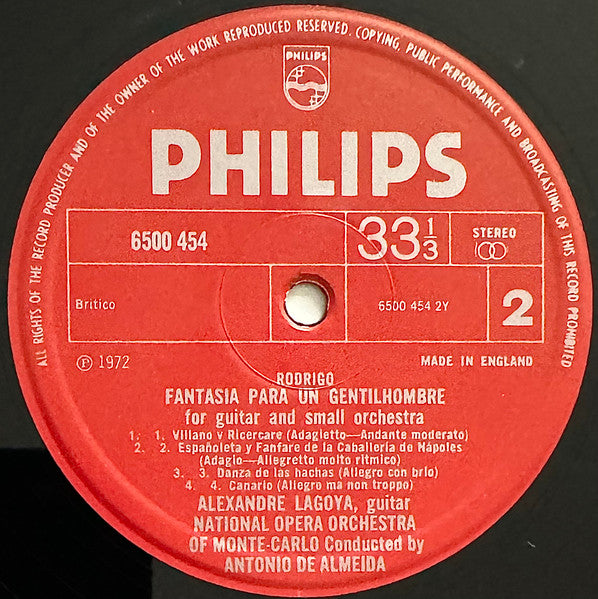 Joaquín Rodrigo, Alexandre Lagoya, Orchestre National De L'Opéra De Monte-Carlo, Antonio De Almeida – Concerto De Aranjuez - Fantaisie Pour Un Gentilhomme LP vinyl record, image 4 of 4