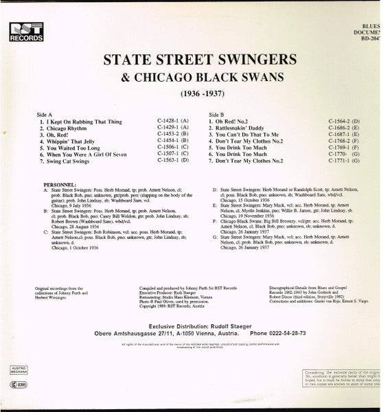 State Street Swingers, Chicago Black Swans – (1936-1937) Complete Recordings In Chronicle Order LP vinyl record, image 2 of 2