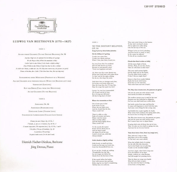Ludwig van Beethoven, Dietrich Fischer-Dieskau, Jörg Demus – An Die Ferne Geliebte, Lieder LP vinyl record, image 5 of 7