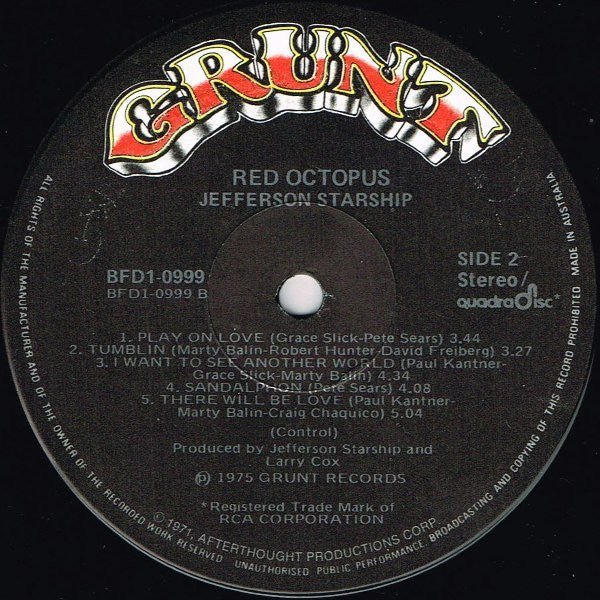 Jefferson Starship – Red Octopus LP vinyl record, image 4 of 4