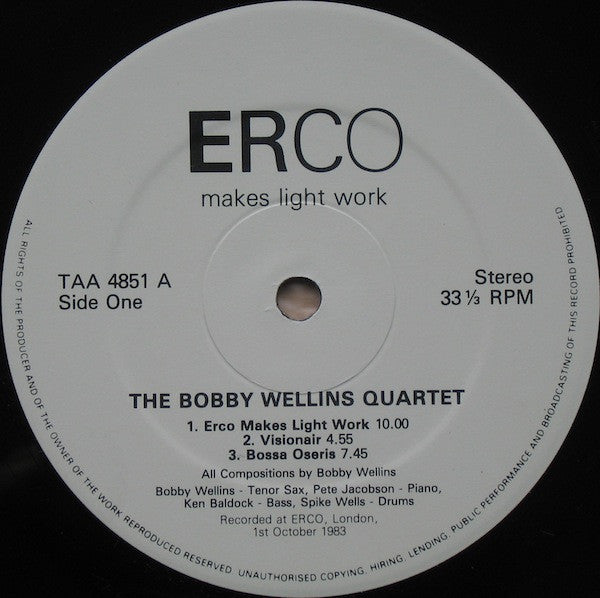 Bobby Wellins Quartet – ERCO Makes Light Work LP vinyl record, image 3 of 4