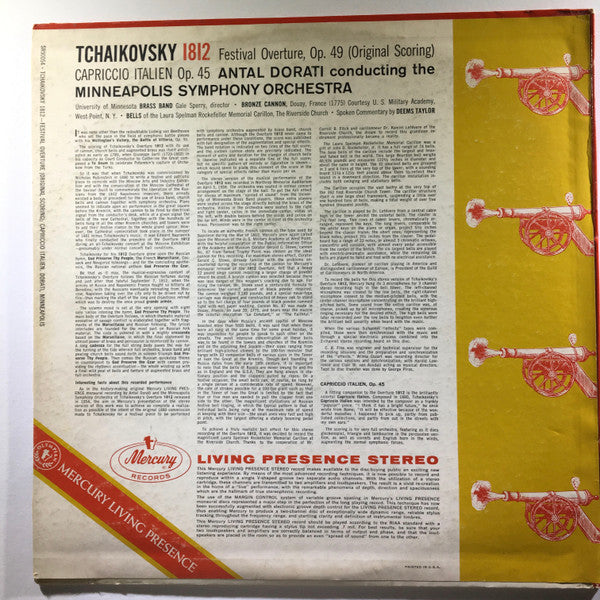 Pyotr Ilyich Tchaikovsky, Antal Dorati, Minneapolis Symphony Orchestra, University Of Minnesota Brass Band, Deems Taylor – 1812 Festival Overture, Op. 49 / Capriccio Italien LP vinyl record, image 2 of 4