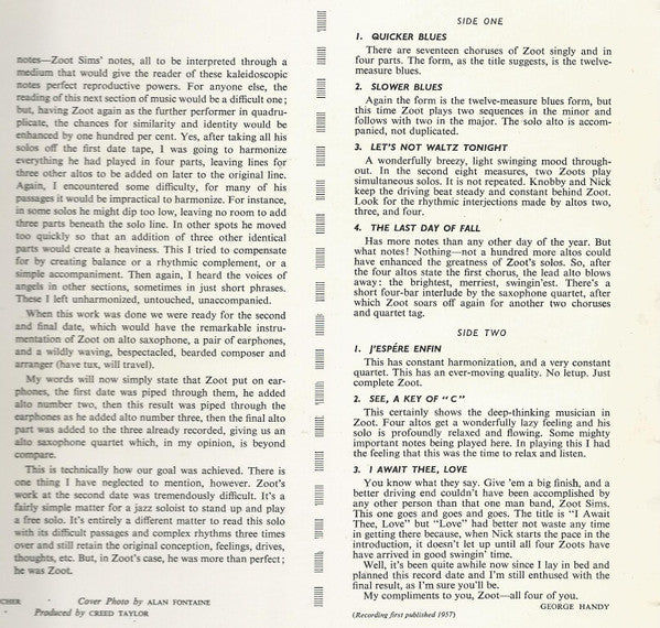 Zoot Sims – Zoot Sims Plays Four Altos LP vinyl record, image 4 of 6