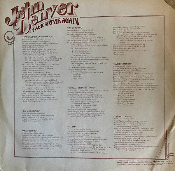John Denver – Back Home Again LP vinyl record, image 8 of 8