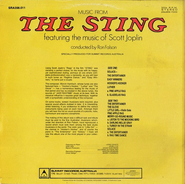 Ron Falson – Music From The Sting: Featuring The Music Of Scott Joplin LP vinyl record, image 2 of 4