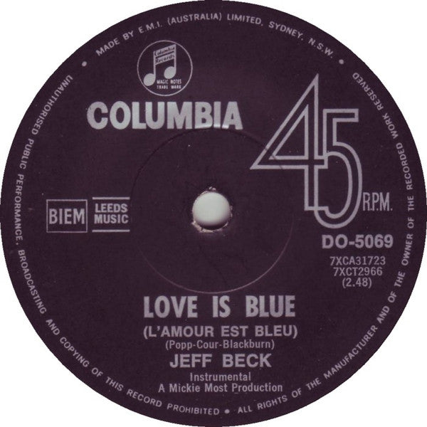 Jeff Beck – Love Is Blue (L'amour Est Bleu) 7" vinyl record, image 1 of 2