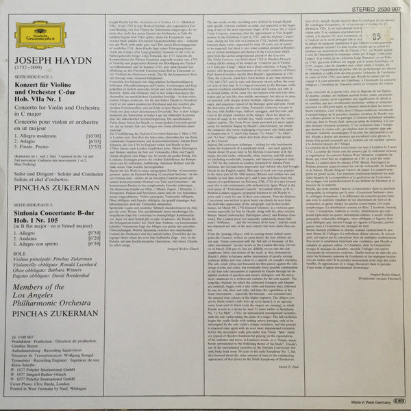 Joseph Haydn, Pinchas Zukerman, Los Angeles Philharmonic Orchestra – Violinkonzert Nr. 1 = Violin Concerto No. 1 / Sinfonia Concertante LP vinyl record, image 2 of 4