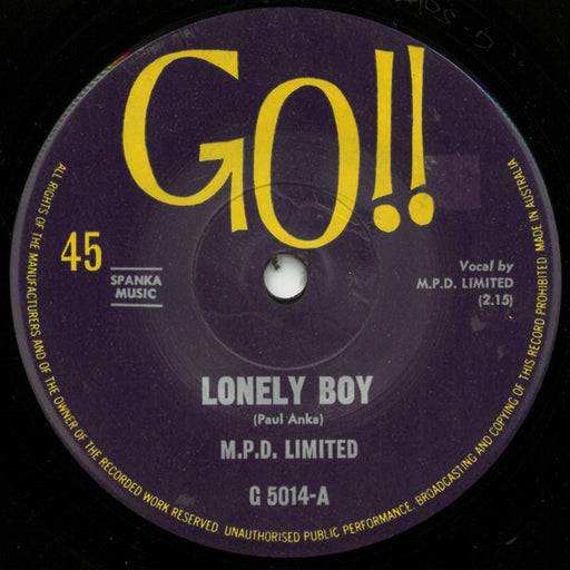 M.P.D. Limited – Lonely Boy 7" vinyl record, image 1 of 2