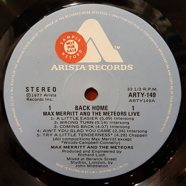 Max Merritt And The Meteors – Back Home Live LP vinyl record, image 3 of 3