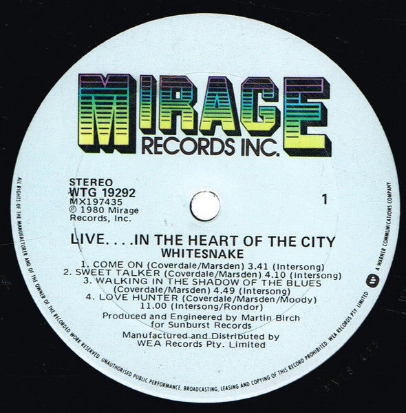 Whitesnake – Live... In The Heart Of The City LP vinyl record, image 3 of 3