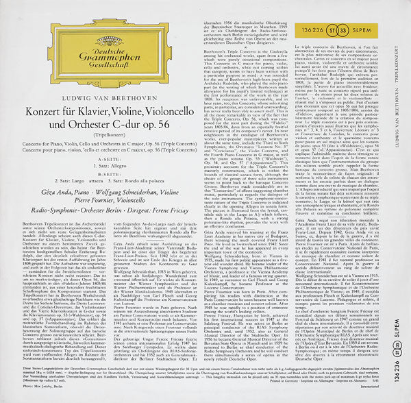 Ludwig van Beethoven, Géza Anda, Wolfgang Schneiderhan, Pierre Fournier, Radio-Symphonie-Orchester Berlin, Ferenc Fricsay – Tripelkonzert = Triple Concerto LP vinyl record, image 2 of 5