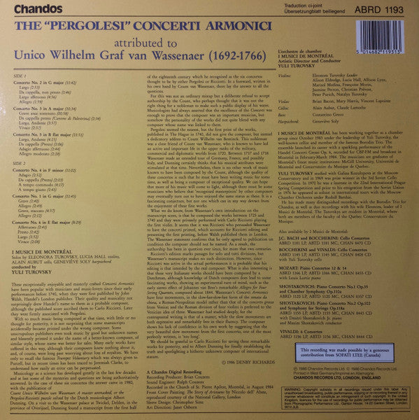 I Musici De Montréal, Yuli Turovsky – The "Pergolesi" Concerti Armonici Attributed To Unico Wilhelm Graf van Wassenaer LP vinyl record, image 2 of 4