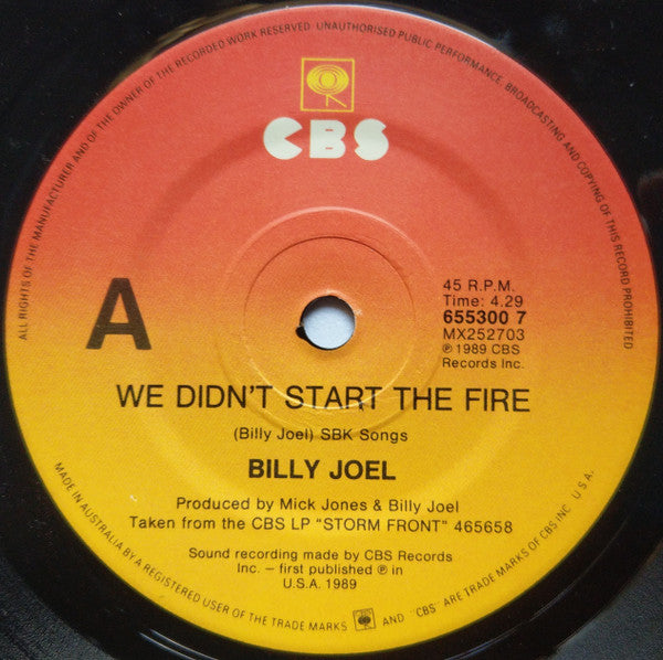 Billy Joel – We Didn't Start The Fire 7" vinyl record, image 3 of 4