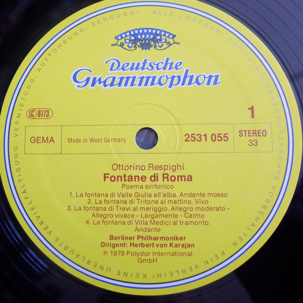 Ottorino Respighi, Berliner Philharmoniker, Herbert von Karajan – Fontane Di Roma • Pini Di Roma LP vinyl record, image 3 of 5