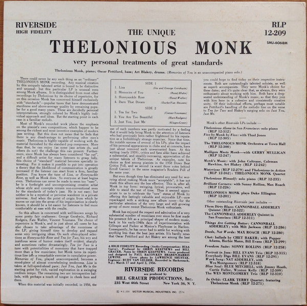 Thelonious Monk – The Unique Thelonious Monk LP vinyl record, image 3 of 5