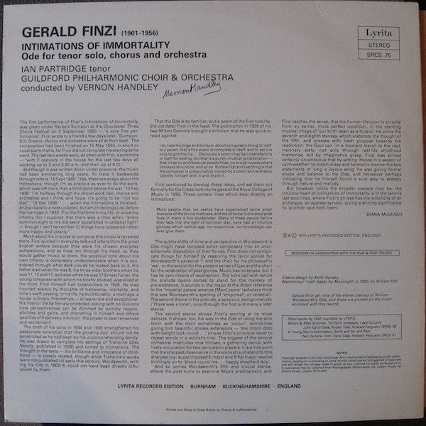 Gerald Finzi – Intimations Of Immortality LP vinyl record, image 2 of 4